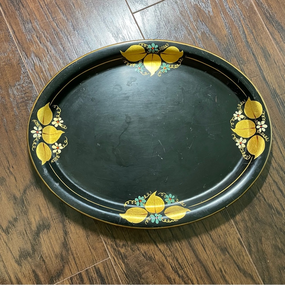 Vintage Oval Black Tray with Hand Painted Details